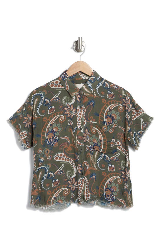 Industry Republic Clothing Frayed Sleeves Camp Shirt In Green/ Rust Paisley