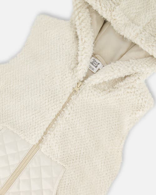 Deux Par Deux Girl's Hooded Vest With Pocket Beige In Off White