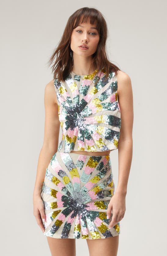 Nasty Gal Tie Dye Sequin Palm Crop Top In White