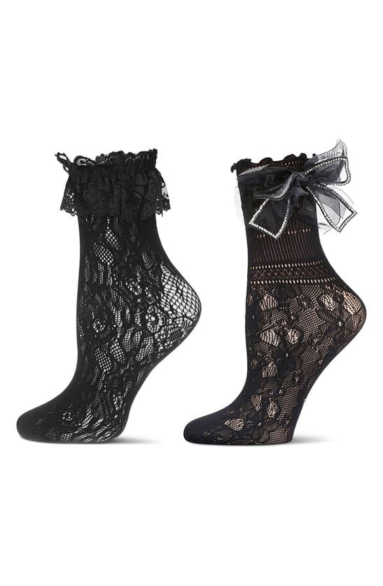 Shop Memoi Lace Ruffle Cuff Assorted 2-pack Ankle Socks In Black-black