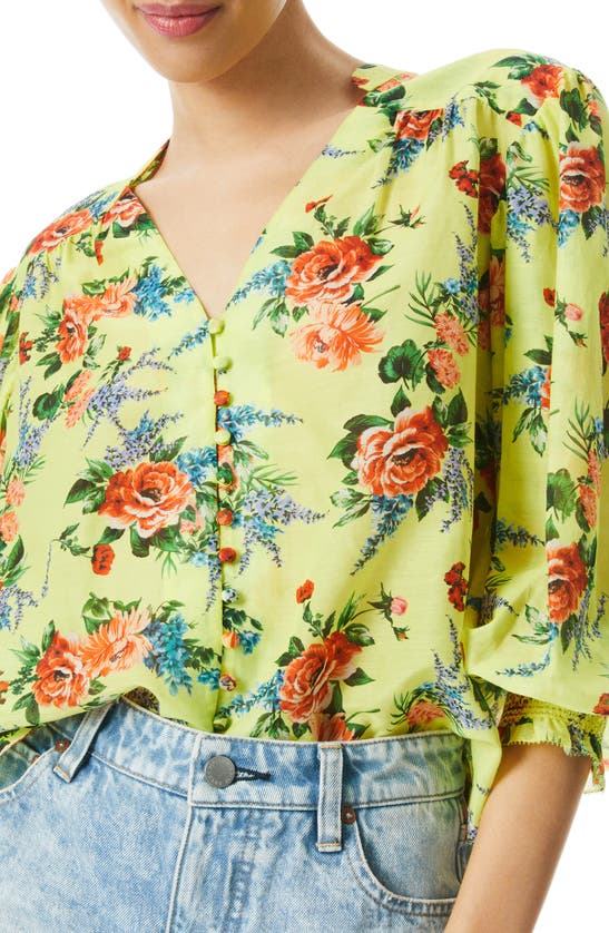 Alice And Olivia Serena Smocked Floral Print Cotton And Silk Blend Blouse In Yellow Modesens 6060