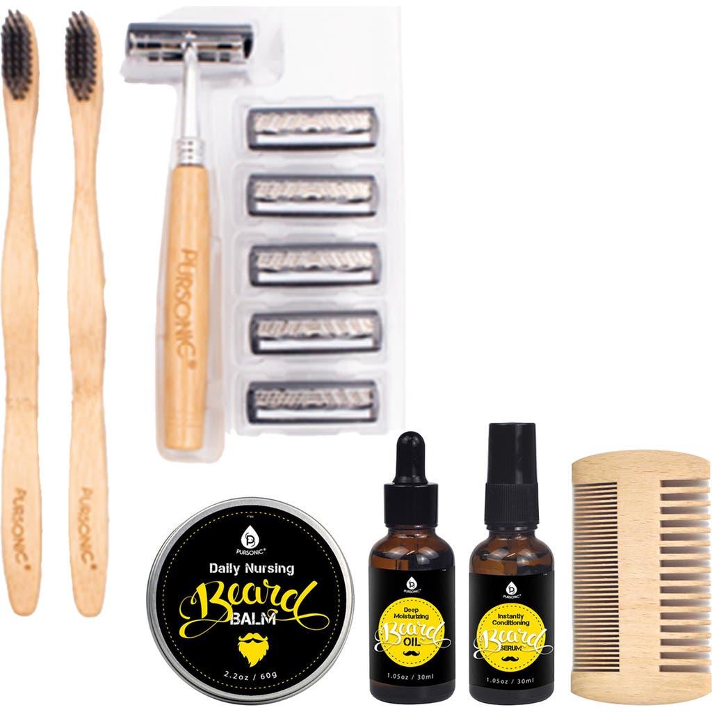 Pursonic Beard Care Grooming Kit & Eco Friendly Razor + Toothbrushes Combo Pack In Multicolor
