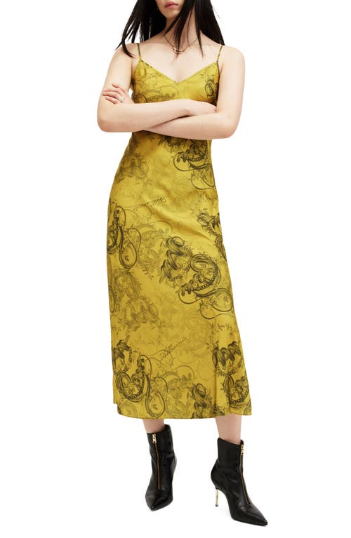 Shop Allsaints Tiana Slim Fit Print Midi Slipdress In Helena Gold Yellow