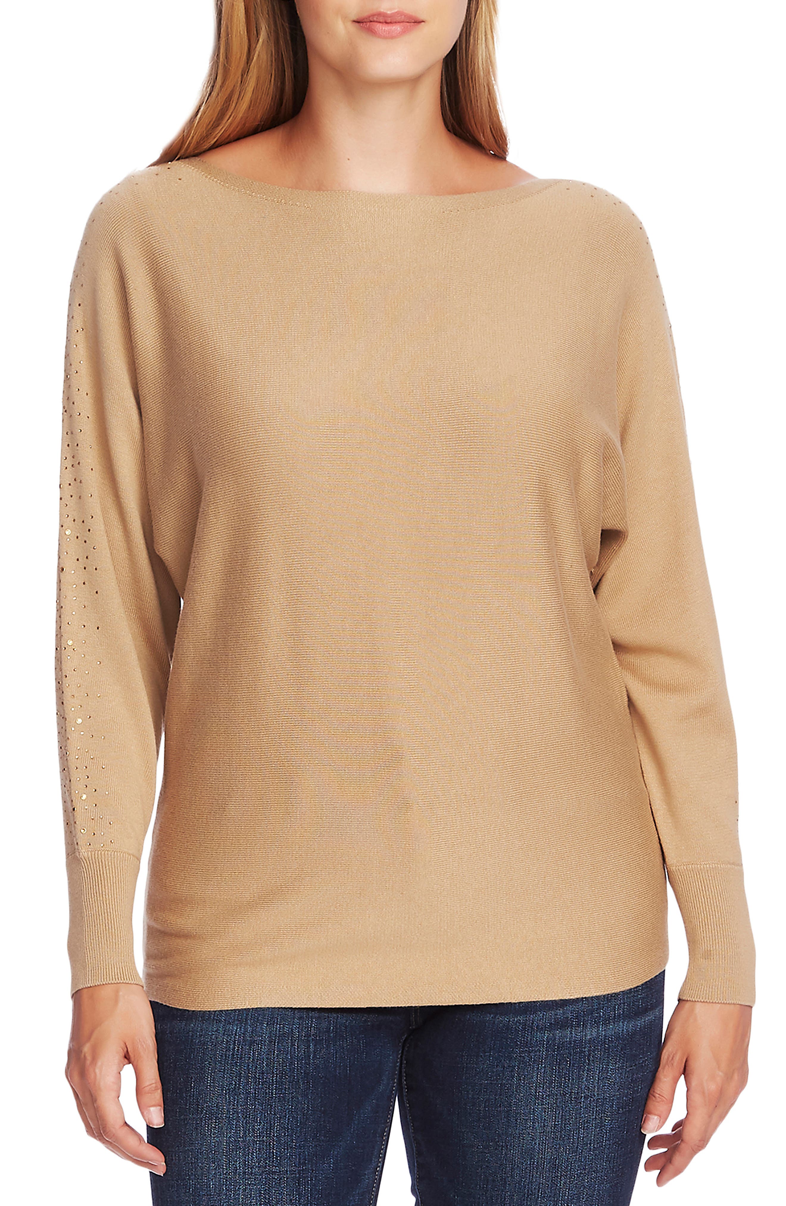 Vince Camuto | Crystal Embellished Sleeve Cotton Blend Sweater ...
