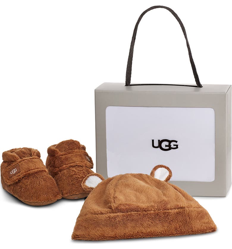 UGG<SUP>®</SUP> Bixbee Faux Fur Beanie & Booties Set, Main, color, CHESTNUT