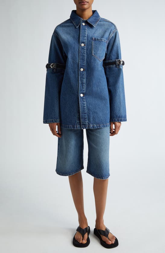 Shop Coperni Hybrid Belted Sleeve Denim Overshirt In Blue