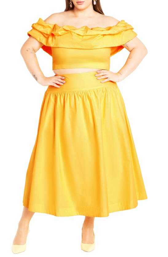 City Chic Kaia Off The Shoulder Crop Top & Maxi Skirt In Yellow