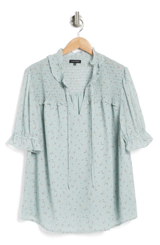 Pleione Floral Keyhole Puff Sleeve Blouse In Mint Tan Mini Floral