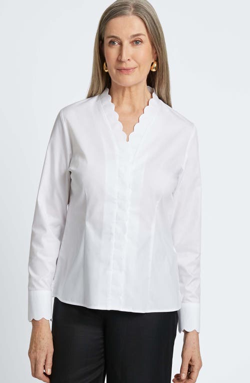 Shop Foxcroft Bridget Scalloped Matte Sateen Button-up Shirt In White