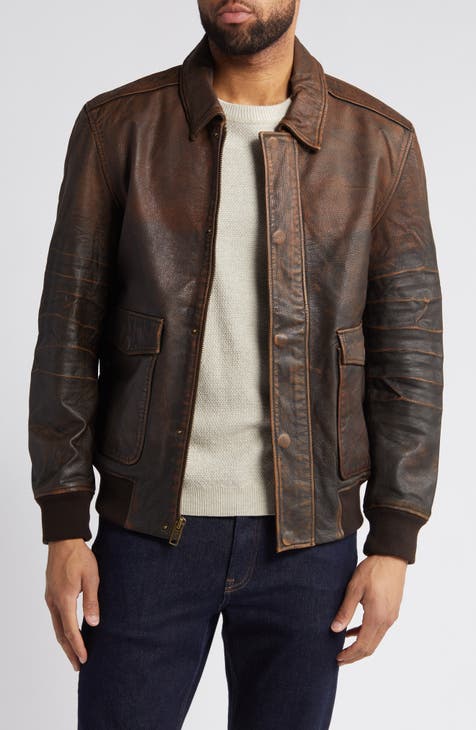 Distressed Water Repellent Leather Aviator Jacket