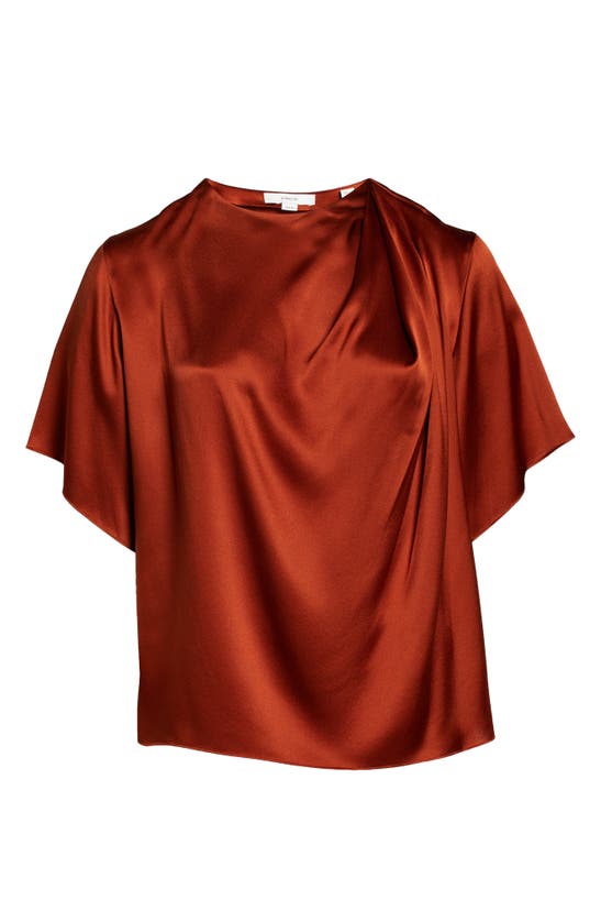 Shop Vince Drape Neck Flutter Sleeve Silk Top In Rust Amber