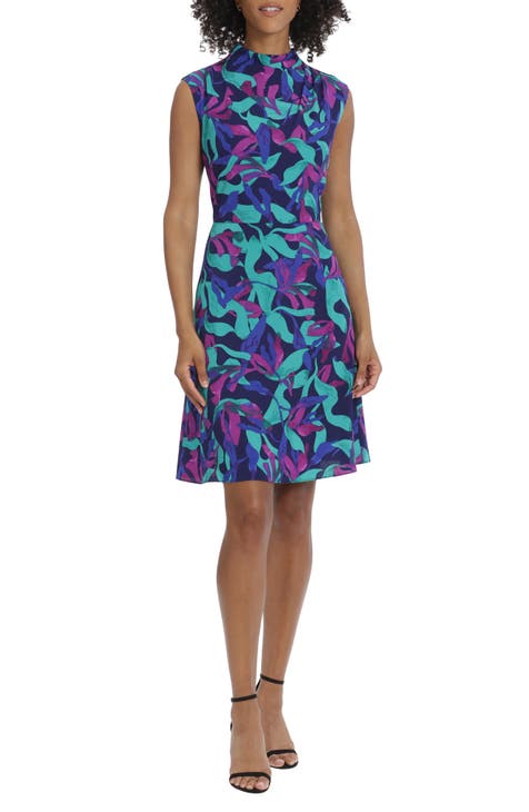 Printed Funnel Neck Fit & Flare Dress