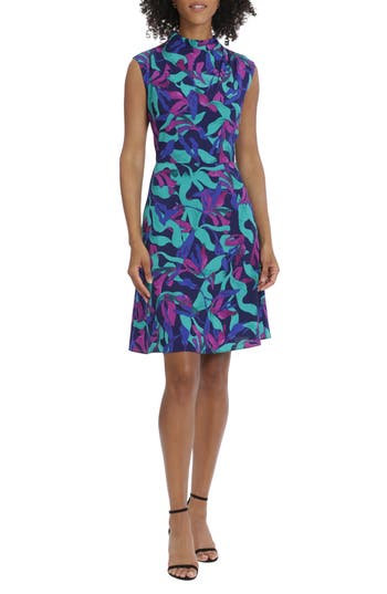 Maggy London Printed Funnel Neck Fit & Flare Dress In Deep Navy/vivid Violet
