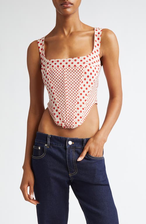 Shop Miaou Campbell Polka Dot Powermesh Corset Top In Off White/red Polka Dot