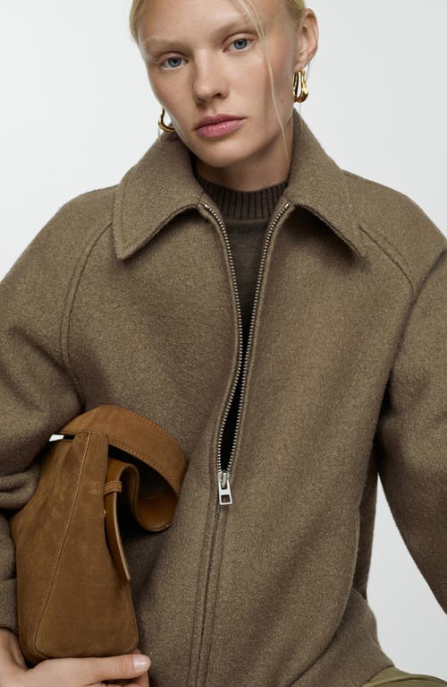 Mango Wool Blend Zip Jacket In Khaki Green