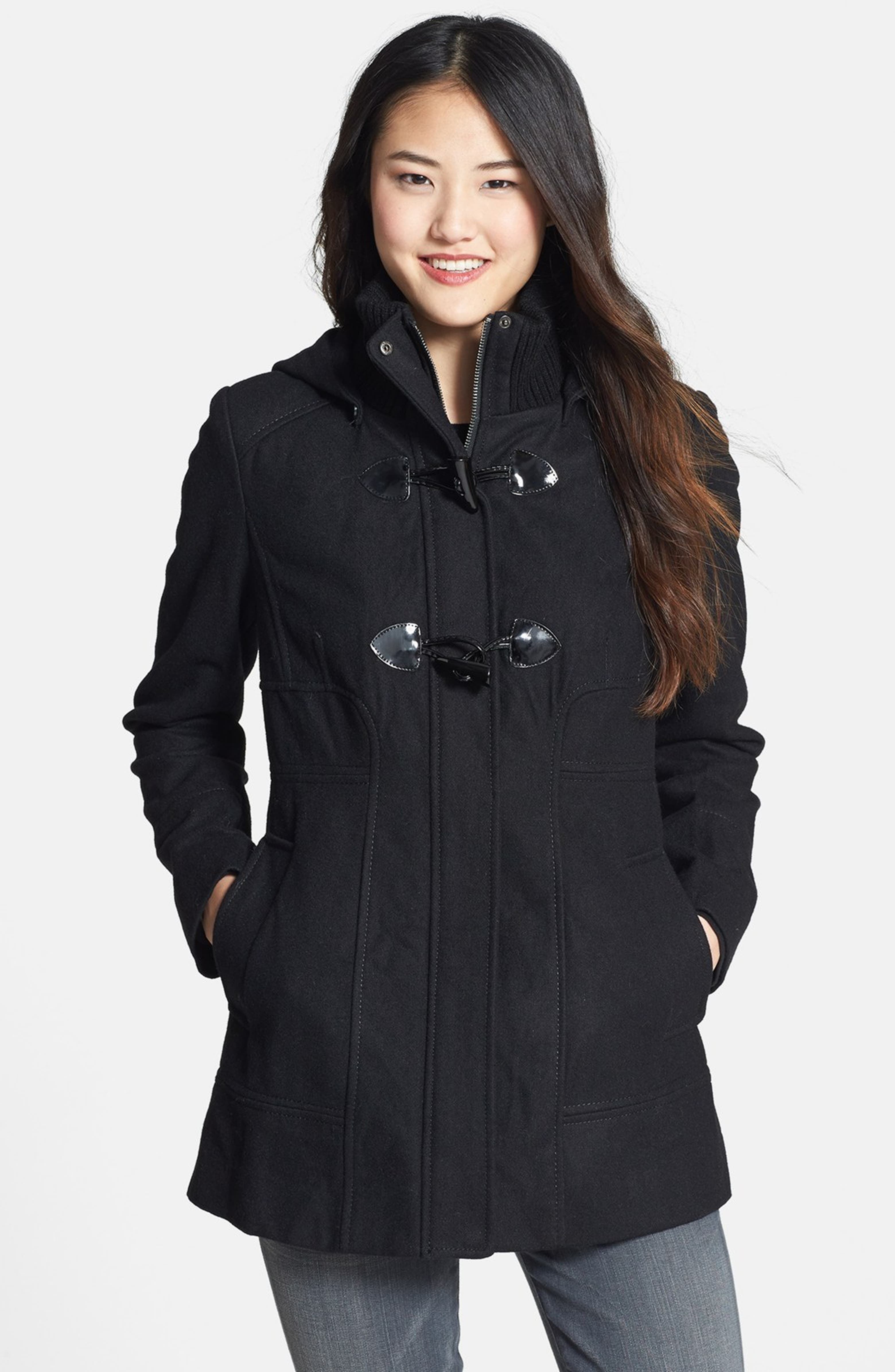 GUESS Hooded Toggle Front Wool Blend Coat (Petite) | Nordstrom