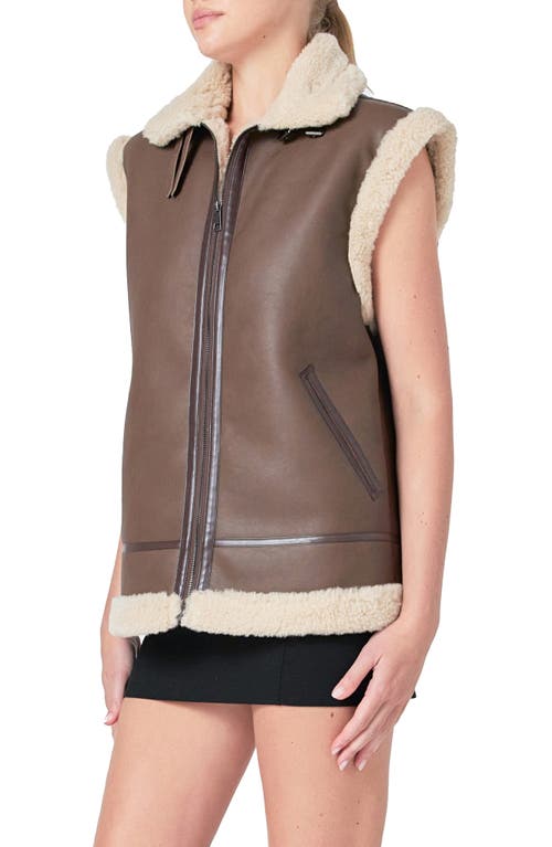 Endless Rose Faux Shearling Lined Faux Leather Vest In Chocolate Brown