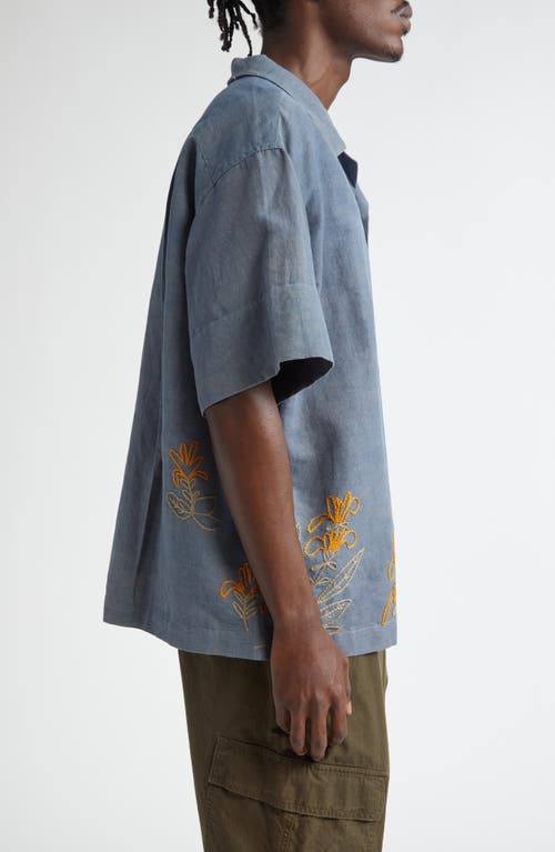 Shop Story Mfg. Greetings Floral Embroidered Cotton & Linen Camp Shirt In Blue Herb