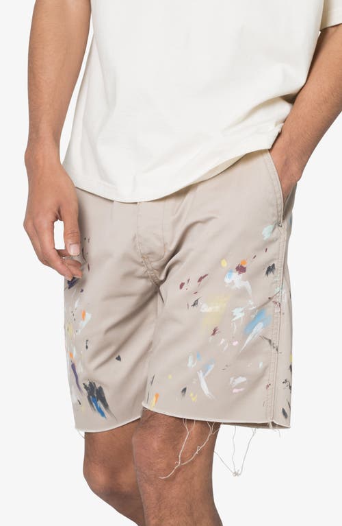 Shop Mnml Paint Spattered Cutoff Twill Shorts In Khaki