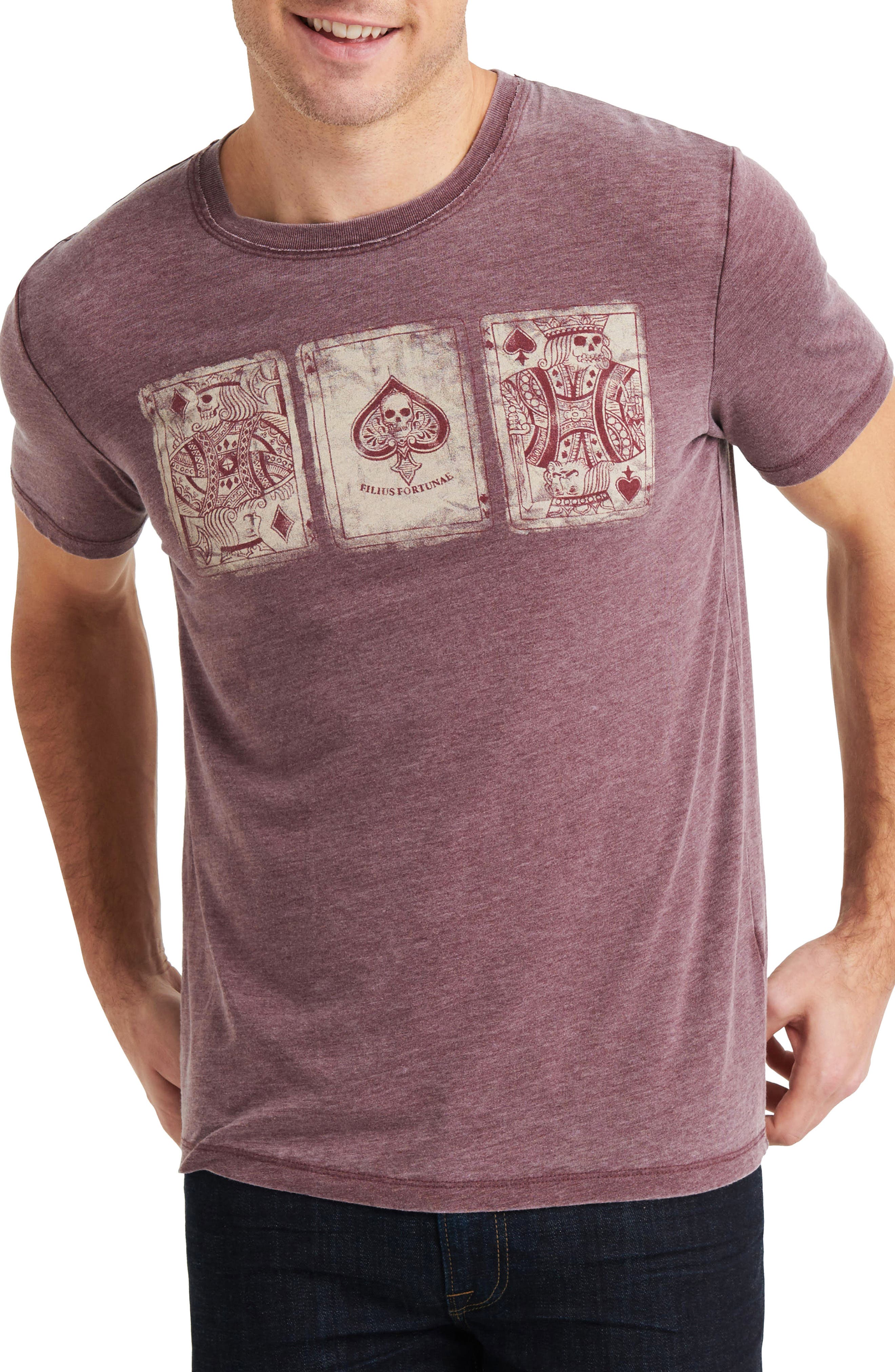 white and maroon graphic tee
