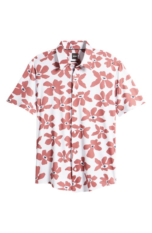 Shop Hugo Boss Boss Roan Slim Fit Leaf Print Short Sleeve Stretch Button-up Shirt In Open Red