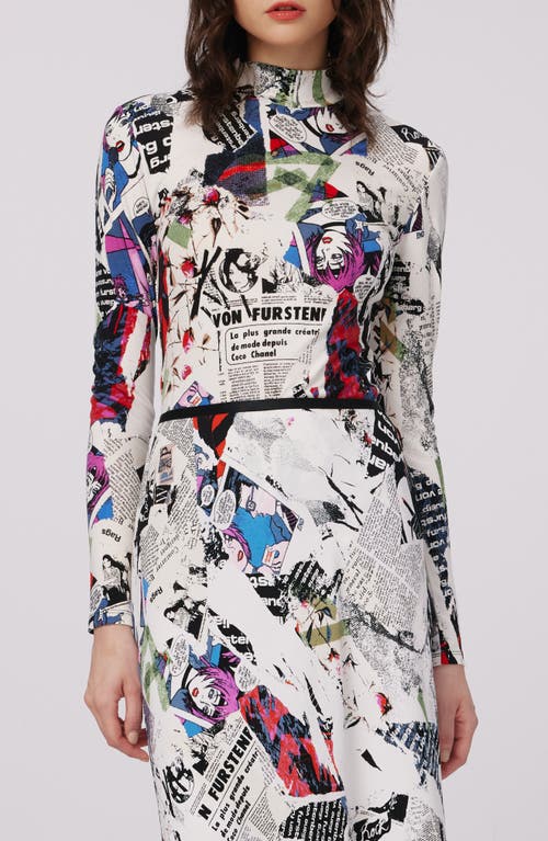 DVF Doha Pop Art Newspaper Print Mock Neck Top in Poster Girl 