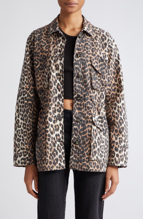 Ganni Leopard Canvas Oversized Midi Jacket In Almond Milk