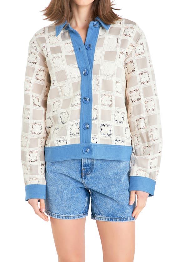 Shop English Factory Patchwork Crochet & Denim Jacket In Beige Multi