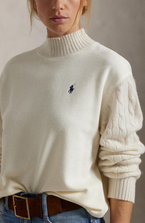 Shop Polo Ralph Lauren Cable Stitch Sleeve Mock Neck Sweatshirt In Clubhouse Cream