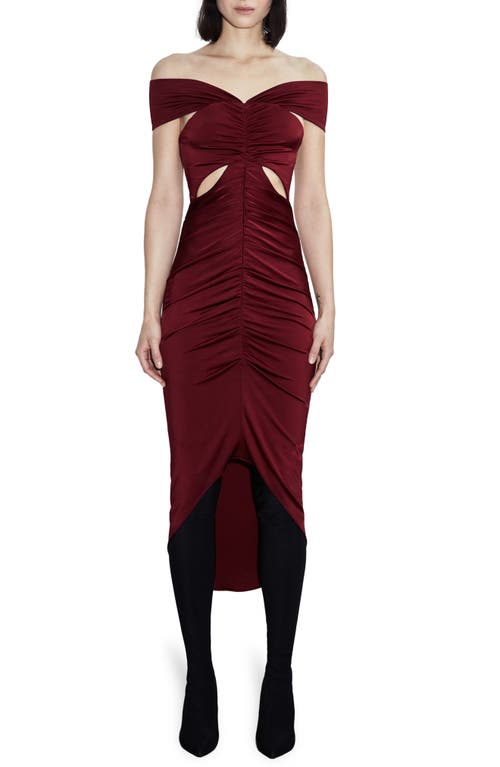 Et Ochs Everly Ruched Off the Shoulder Cutout High-Low Dress in Crimson