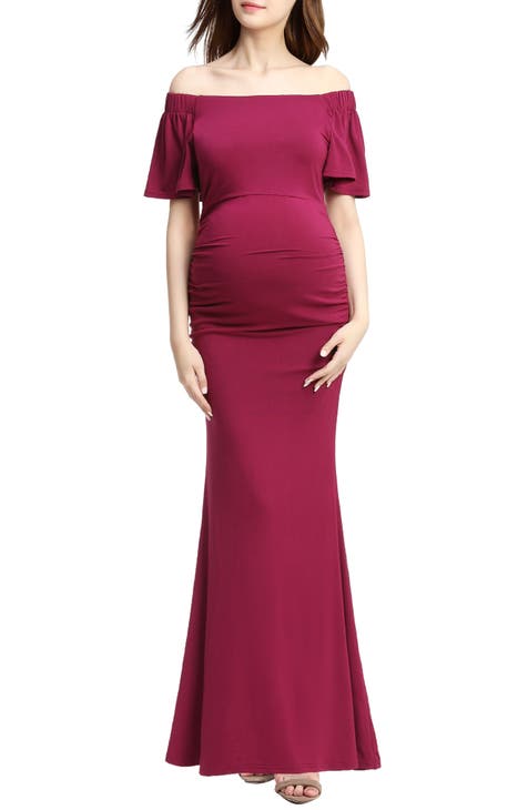 Maternity wear Pink mesh Off-The-Shoulder Maternity Dress for
