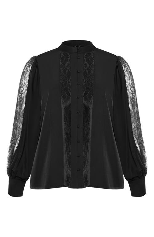 City Chic Georgia Lace Inset Sateen Button-up Shirt In Black