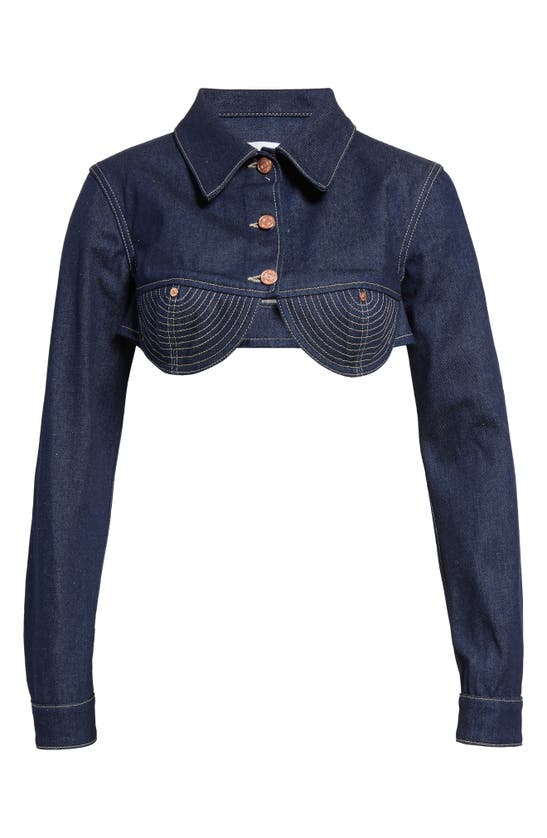 Jean Paul Gaultier Crop Denim Jacket In Indigo/ Tabac