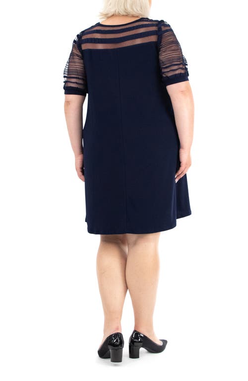 Nina Leonard Mesh Inset Trapeze Dress In Navy
