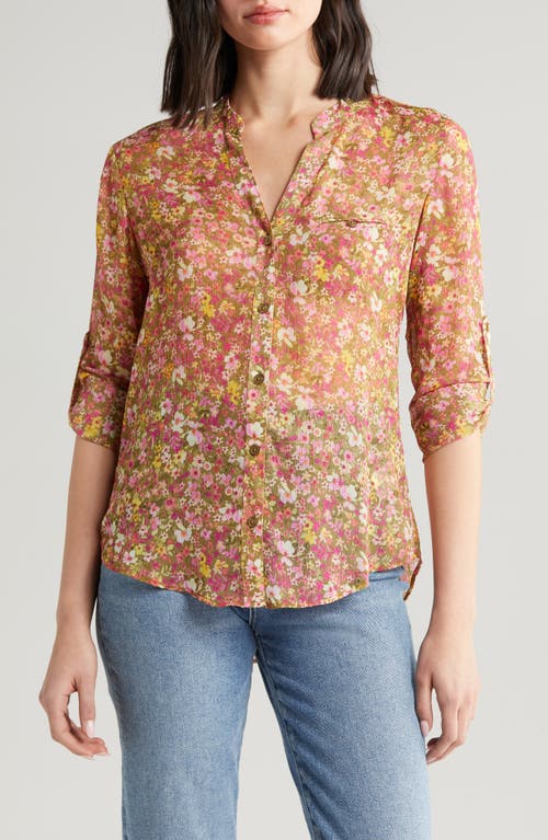 Jasmine Chiffon Button-Up Shirt in Potenza-Olive/Pink