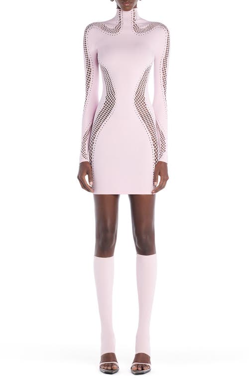 MUGLER Mesh Panel Long Sleeve Body-Con Minidress in Pink