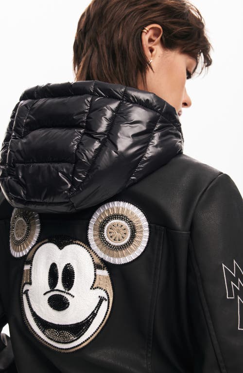 Desigual Mickey Mouse Mixed Media Puffer Coat In Black