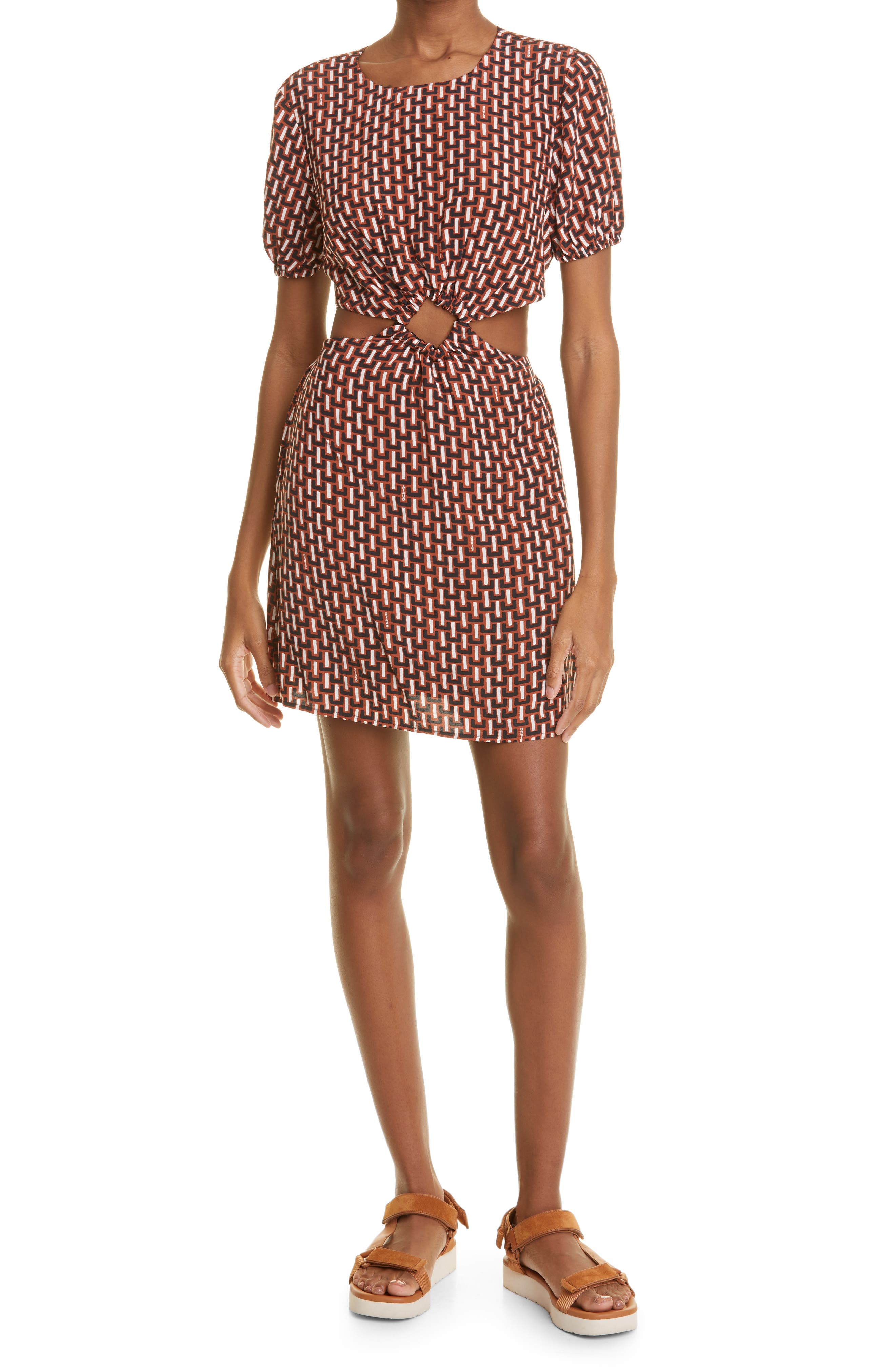 STAUD Epona Geometric Print Cutout Dress in Basket Weave at Nordstrom, Size X-Small