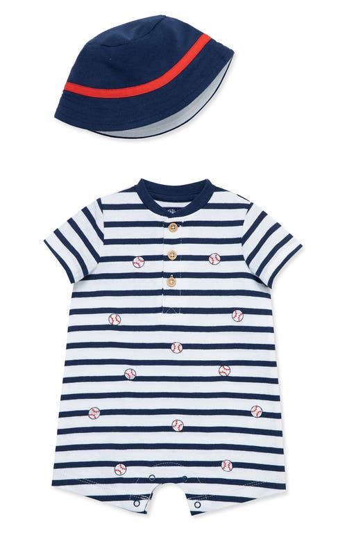 Little Me Baseball Cotton Romper & Sunhat Blue at Nordstrom,