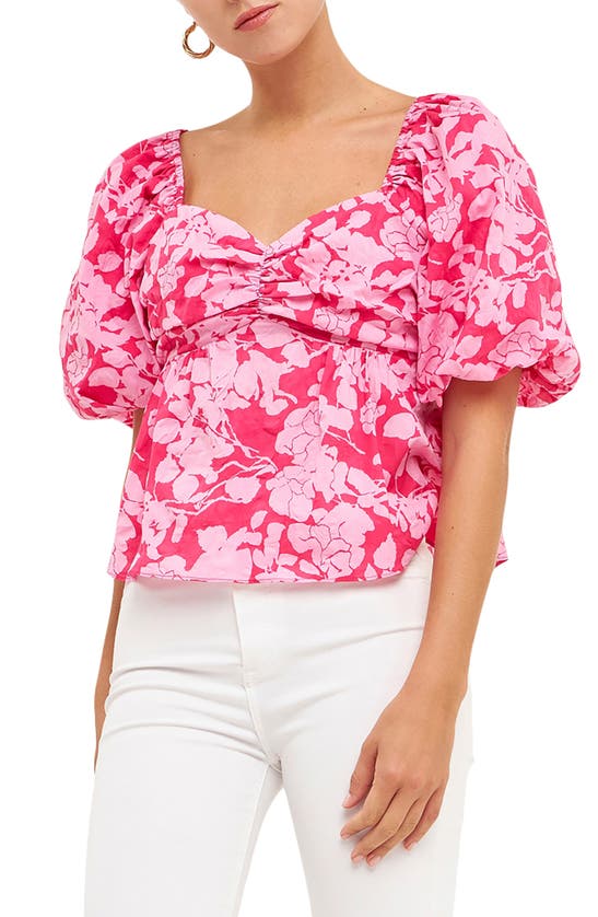 Free The Roses Floral Bow Back Puff Sleeve Blouse In Red/ Pink