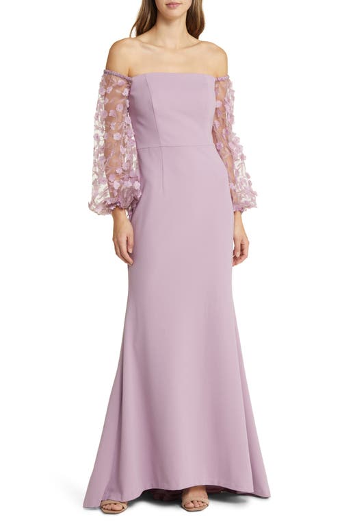 Off the Shoulder 3D Floral Sleeve Scuba Crepe Evening Dress in Mauve