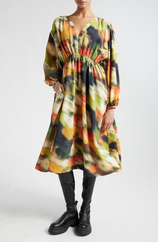Shop Stine Goya Veroma Long Sleeve Midi Dress In Flowers In Fast Motion