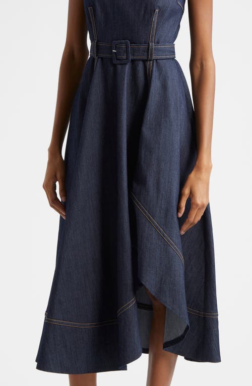 Cinq À Sept Zelda Belted Asymmetric Sleeveless Denim Midi Dress In Indigo