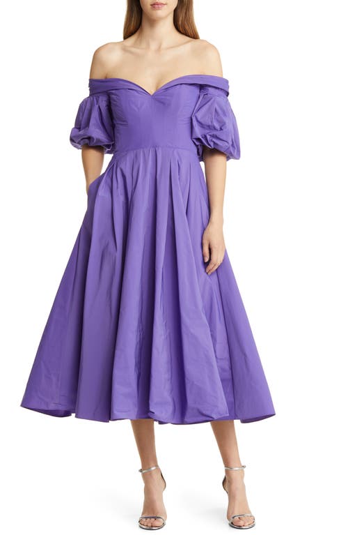 Marchesa Notte Puff Sleeve Off the Shoulder Taffeta Cocktail Dress in Violet