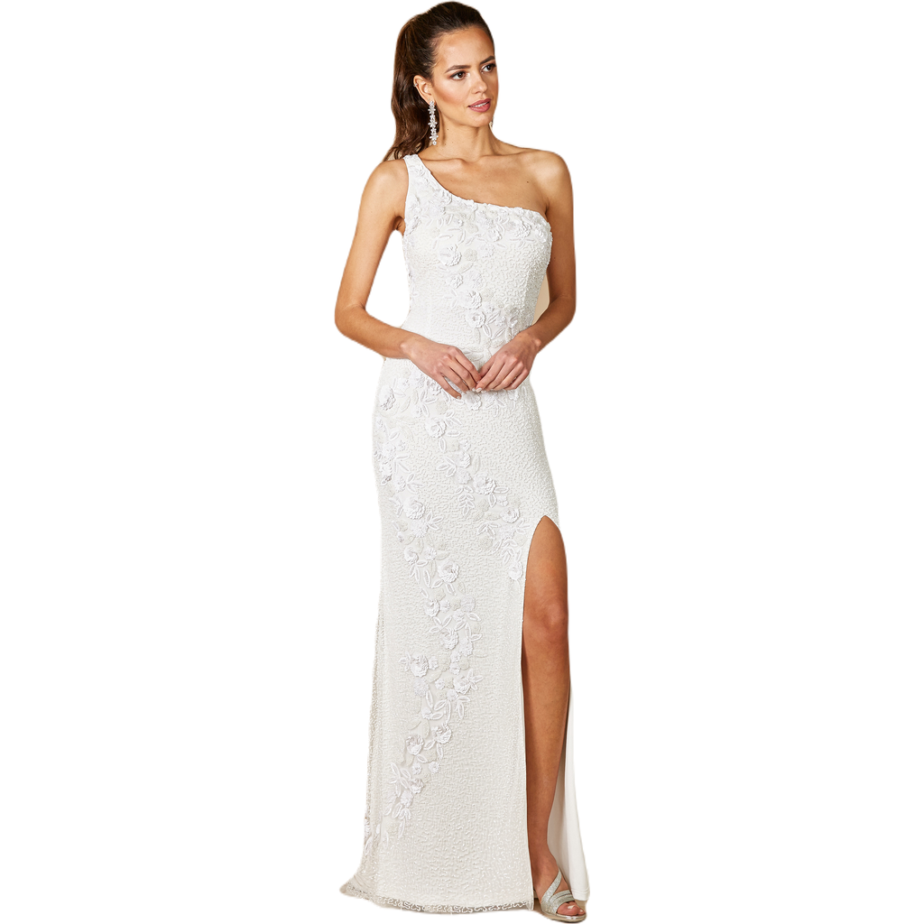 Lara New York Fleur One Shoulder Floral Beaded Wedding Gown In Ivory
