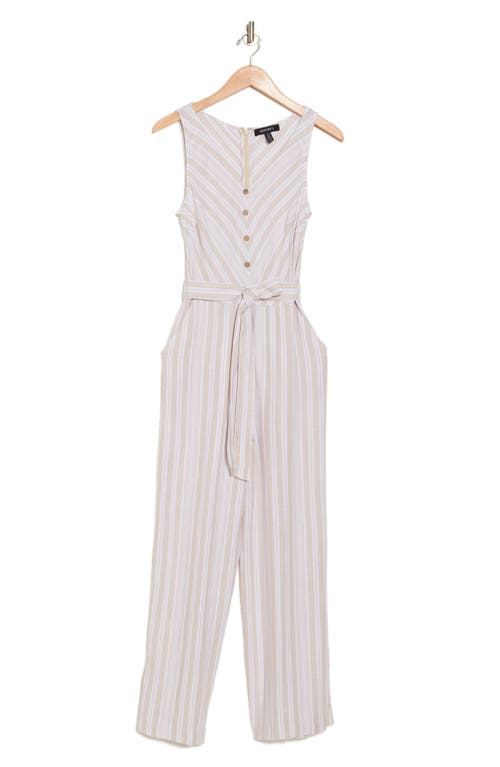 Shop Ellen Tracy V-neck Sleeveless Jumpsuit In Linen/white Stripe