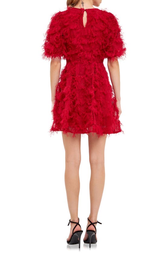 Shop Endless Rose Feathered Mesh Puff Sleeve Minidress In Wine