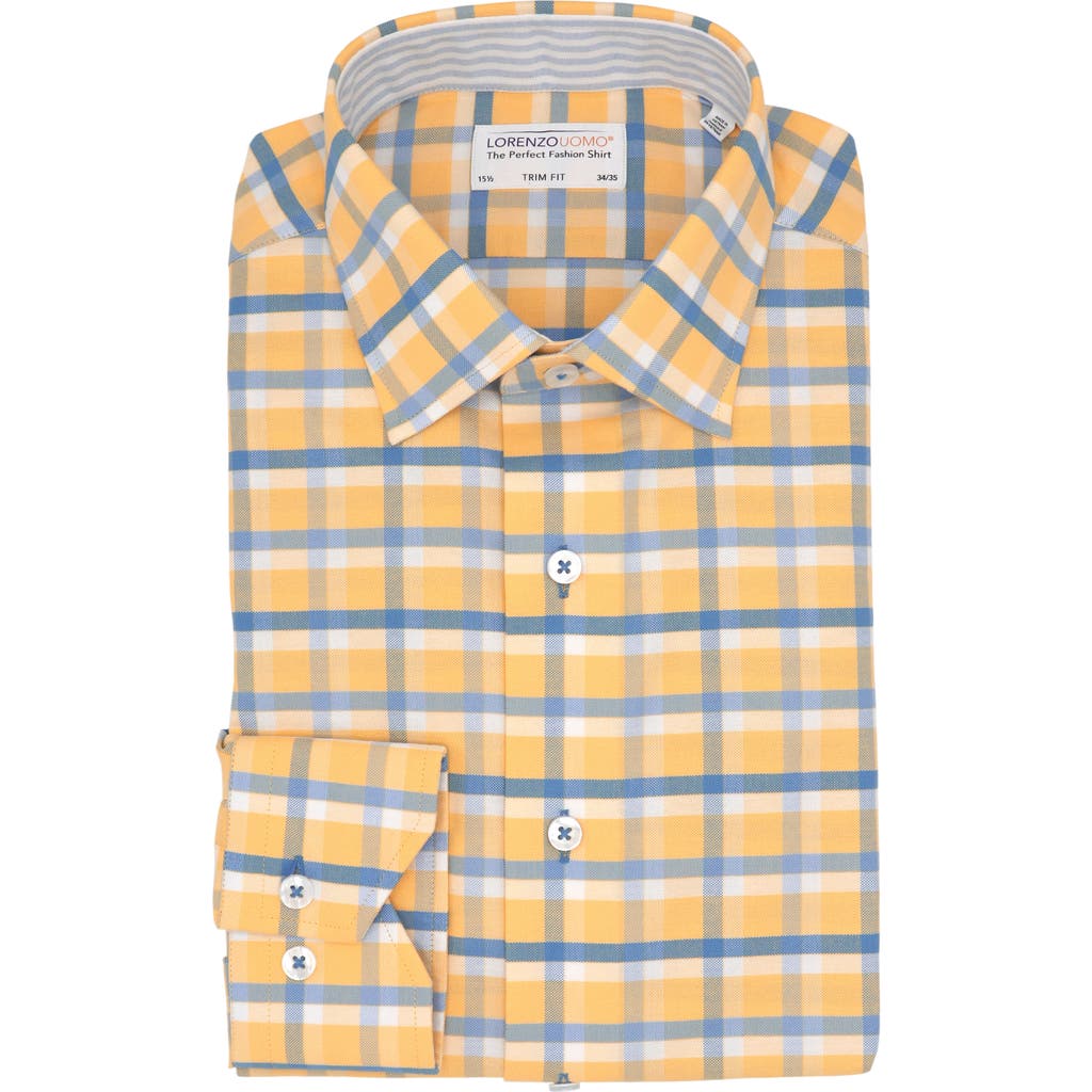 Shop Lorenzo Uomo Trim Fit Textured Windowpane Pattern Dress Shirt In Yellow/blue