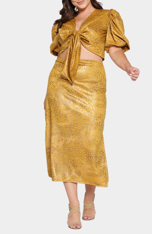 Shop L I V D Cheetah Print Foil Tie Front Ponte Crop Top & Skirt Set In Mustard