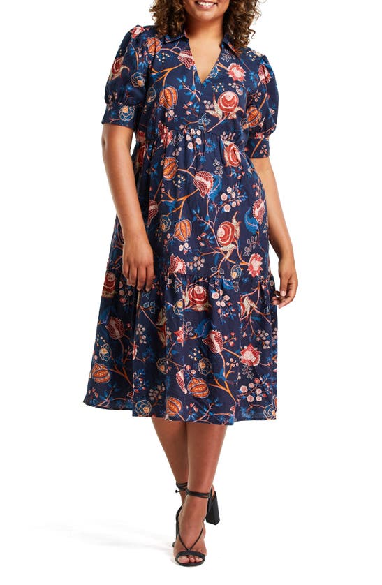 Estelle Tuscan Blooms Floral Print Linen & Cotton Dress In Blue